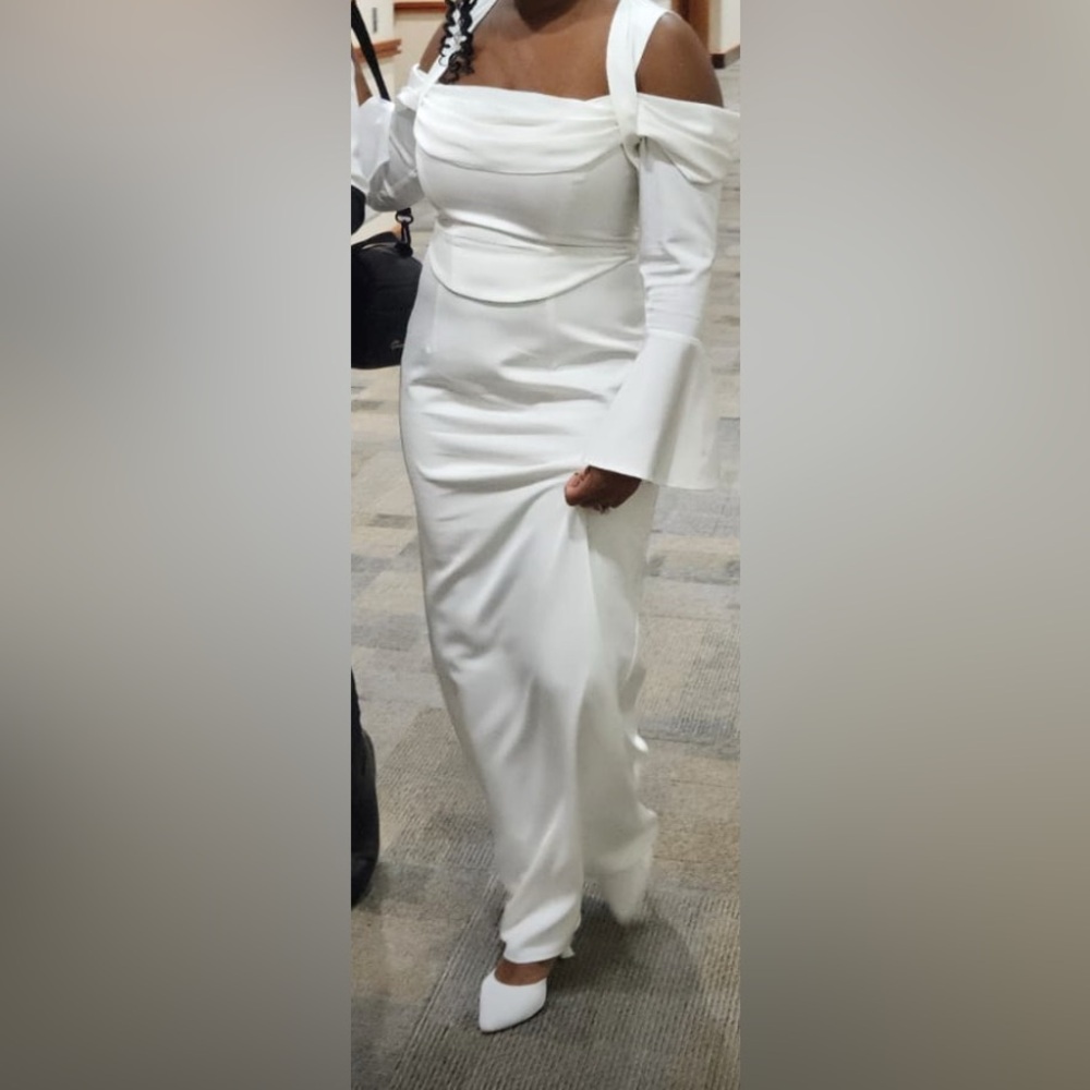 HEARTTHROB WHITE SATIN DRAPED BARDOT MAXI DRESS